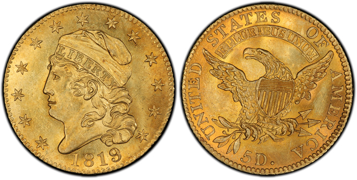 1819 Capped Head Left Half Eagle. BD-1. 5D/50. MS-65 (PCGS).